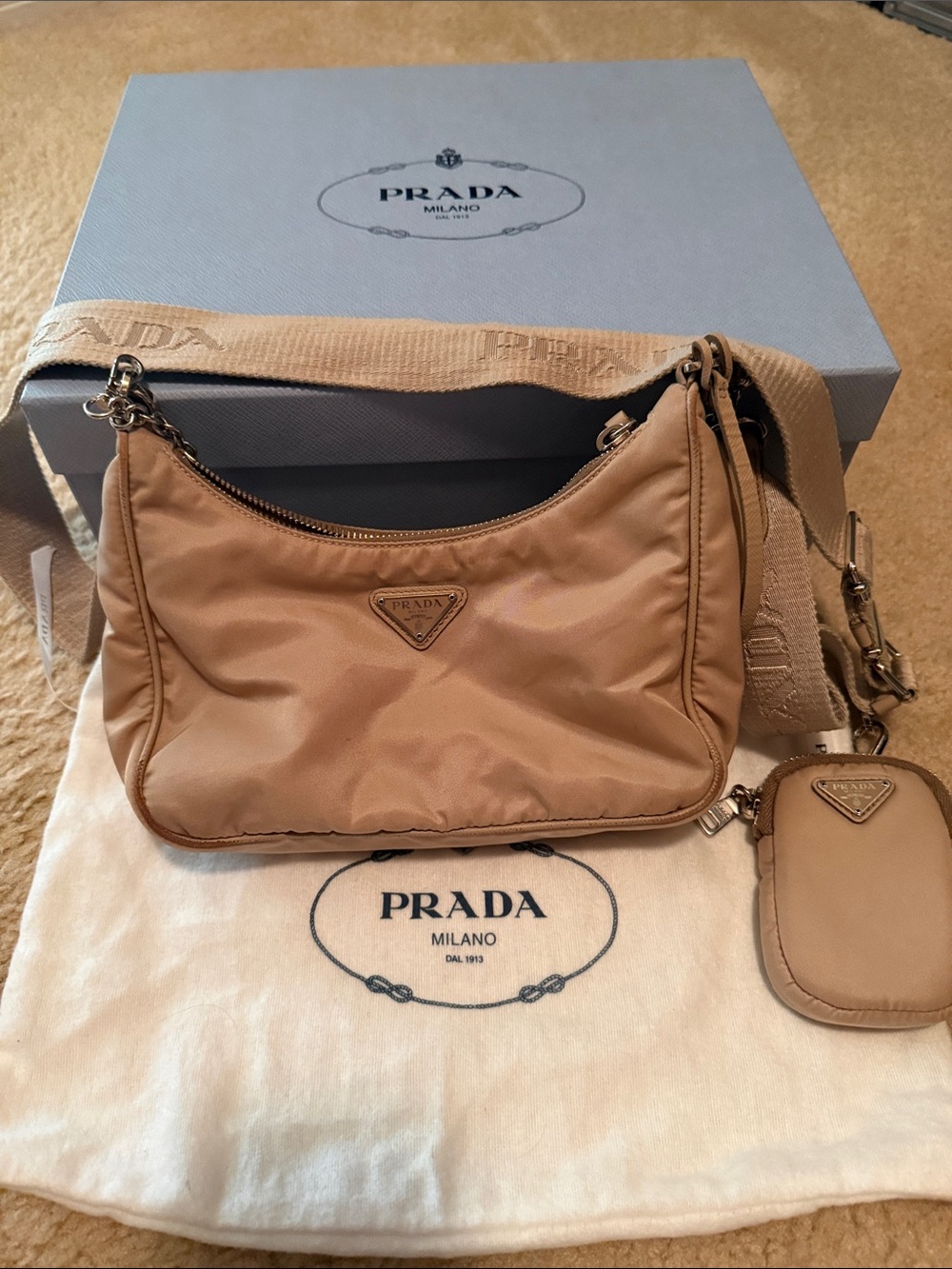 Prada Tan Nylon Shoulder Bag with Detachable Pouch